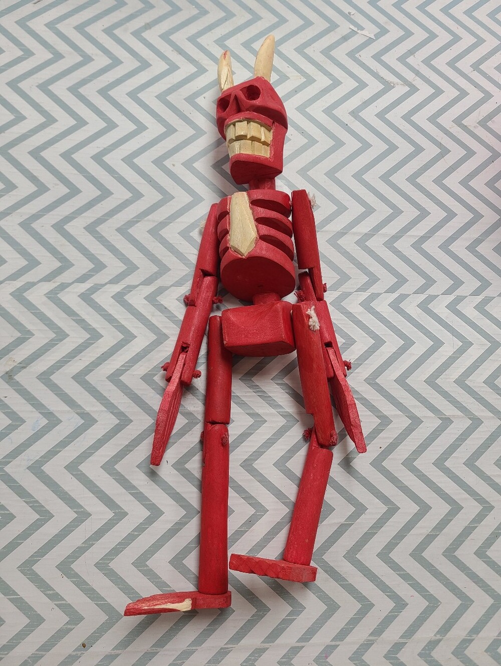 Large 24" Vintage Mexican Folk Art Wooden Articulated Devil Skeleton